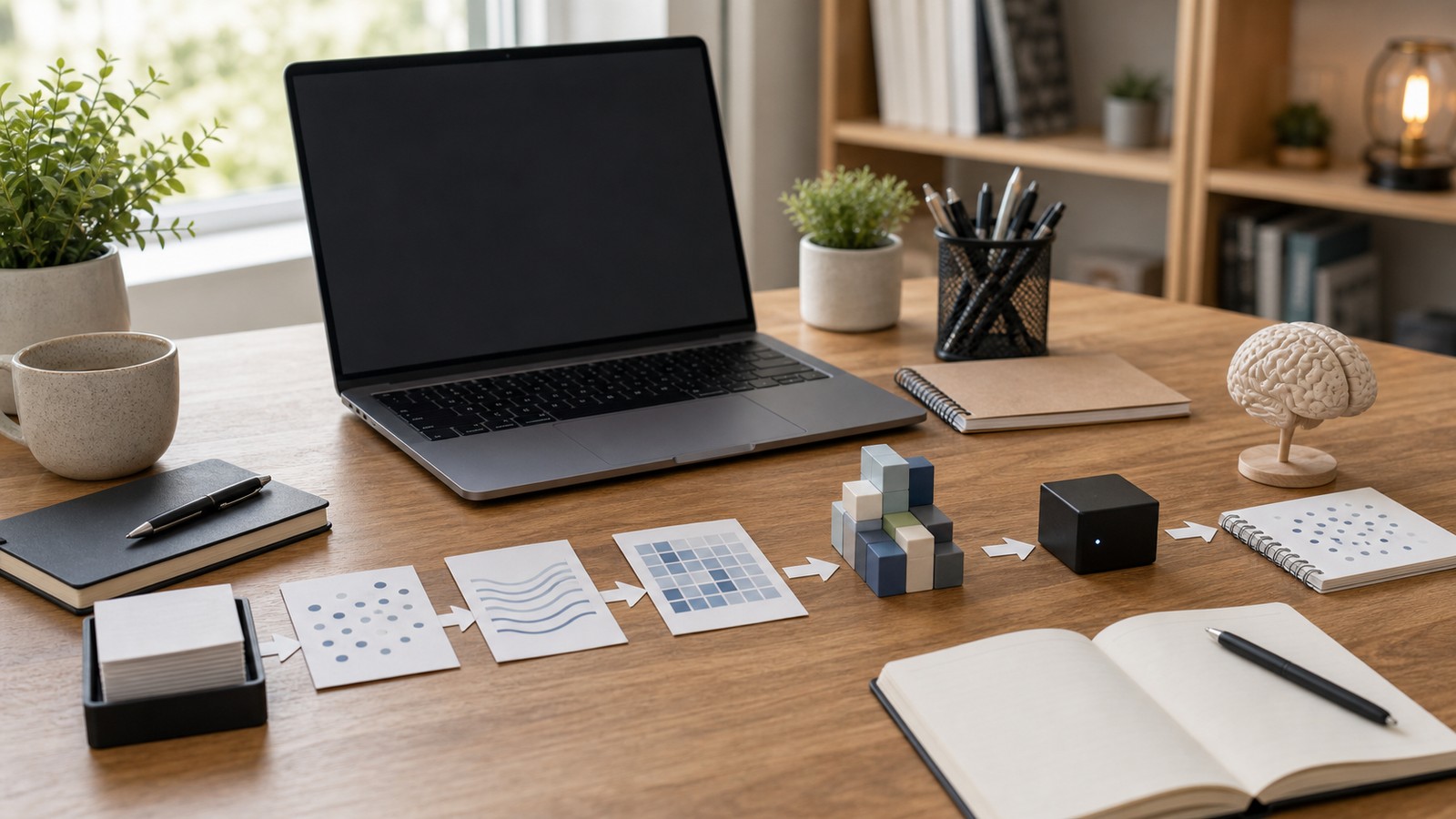 A beginner-friendly machine learning system represented by a laptop, data cards, and modular blocks.