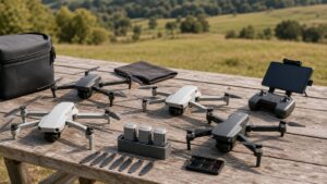 Generic consumer drones and accessories arranged on an outdoor table near an open field.