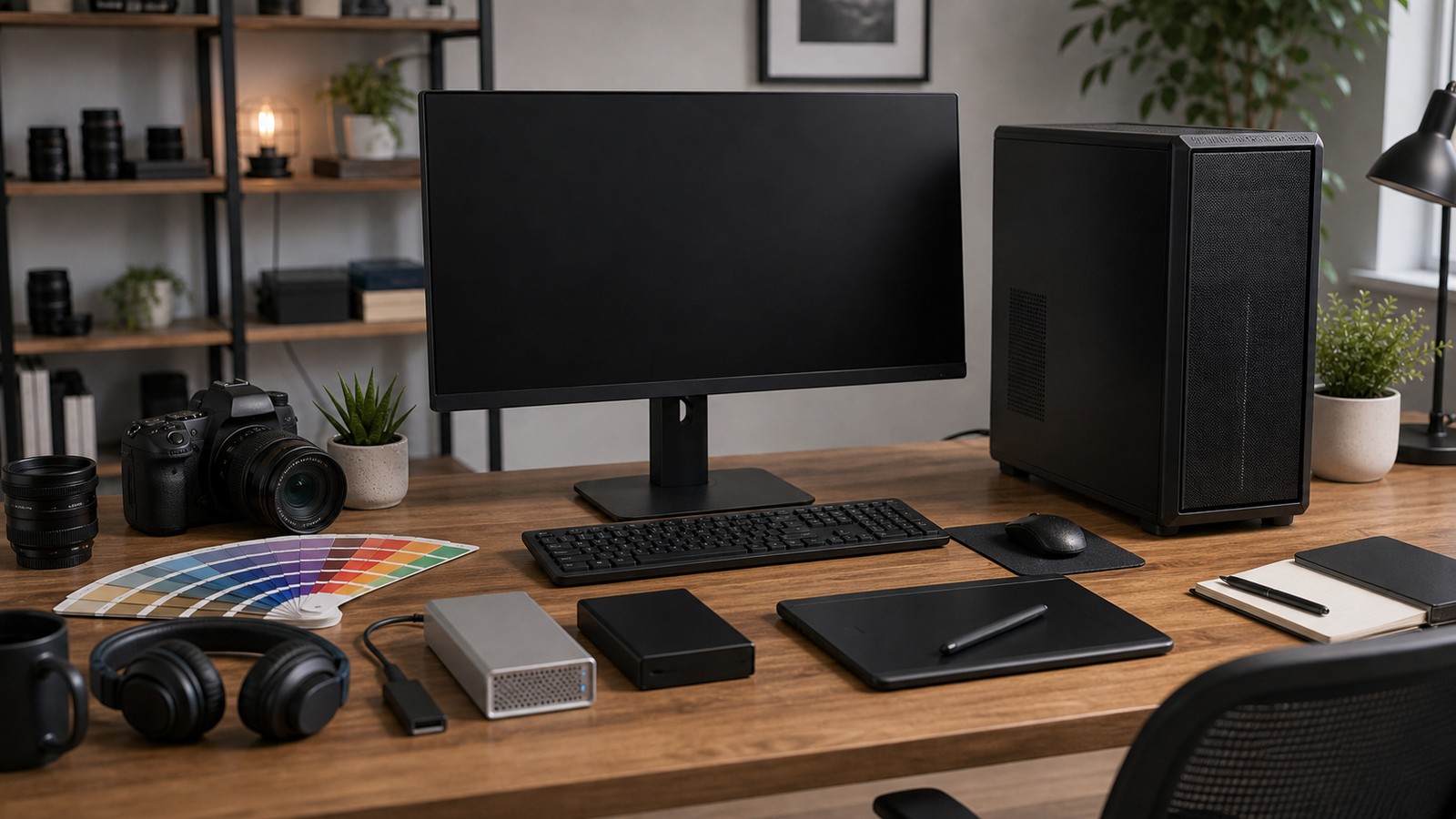 Desktop creative workstation with tower, blank monitor, camera, headphones, and external drives.