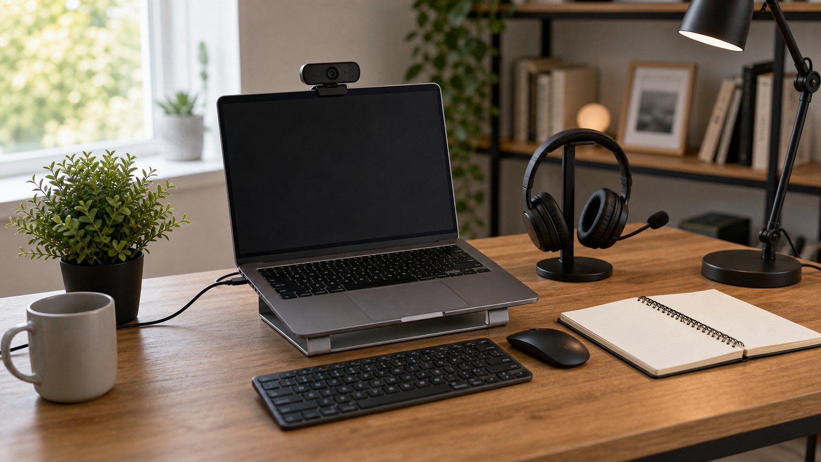 A calm home office desk with laptop, webcam, headset, notebook, and blank screens.