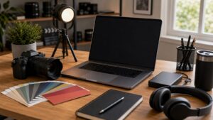 A polished creator desk with blank-screen laptop, camera, storage drive, headphones, and color cards.