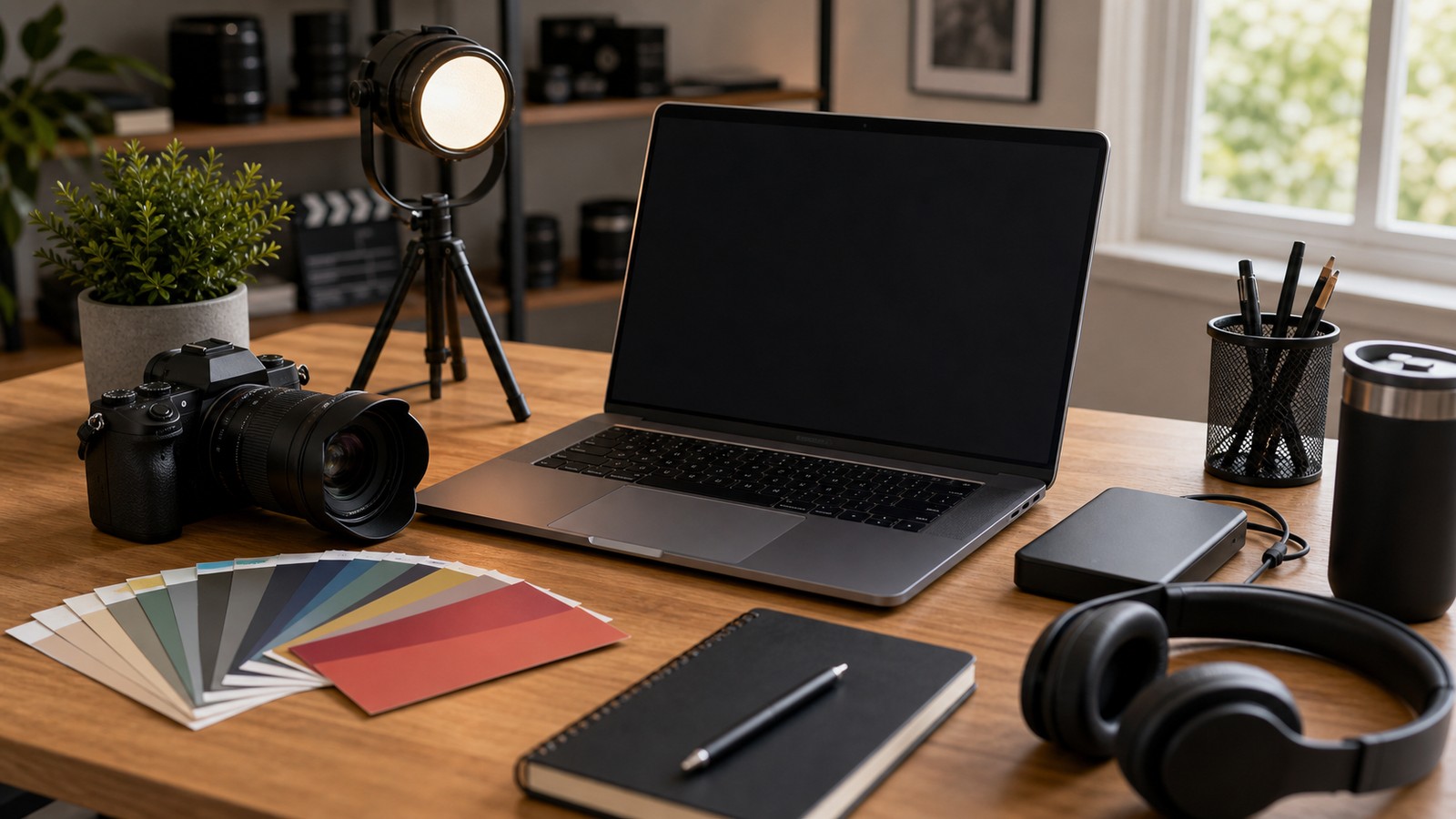 A polished creator desk with blank-screen laptop, camera, storage drive, headphones, and color cards.