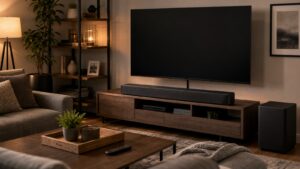 A cozy home entertainment room with a generic soundbar under a blank television.