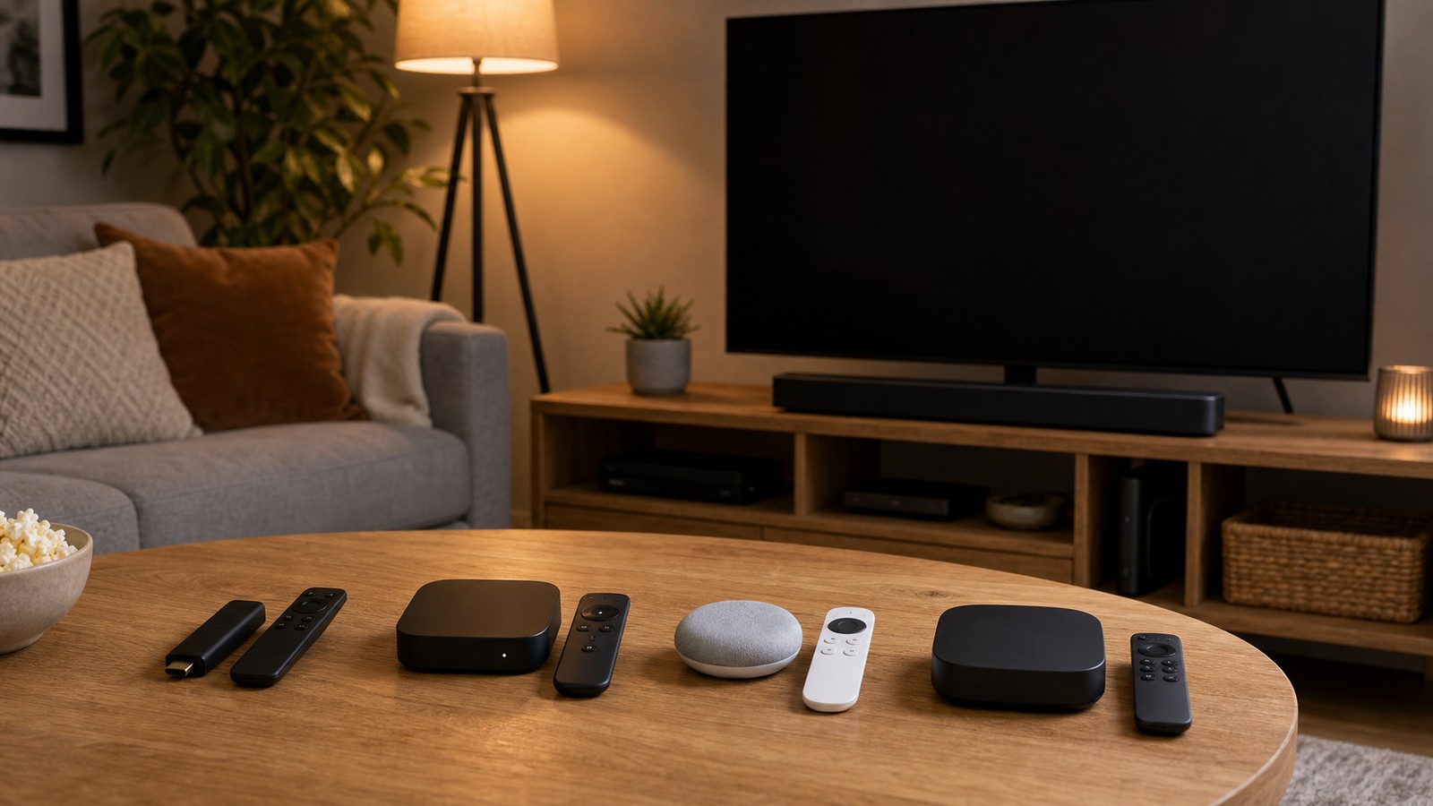 Generic streaming devices and remotes arranged on a living room table in front of a blank television.