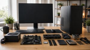 Clean desk with desktop tower, blank monitor, and unbranded components arranged for comparison.
