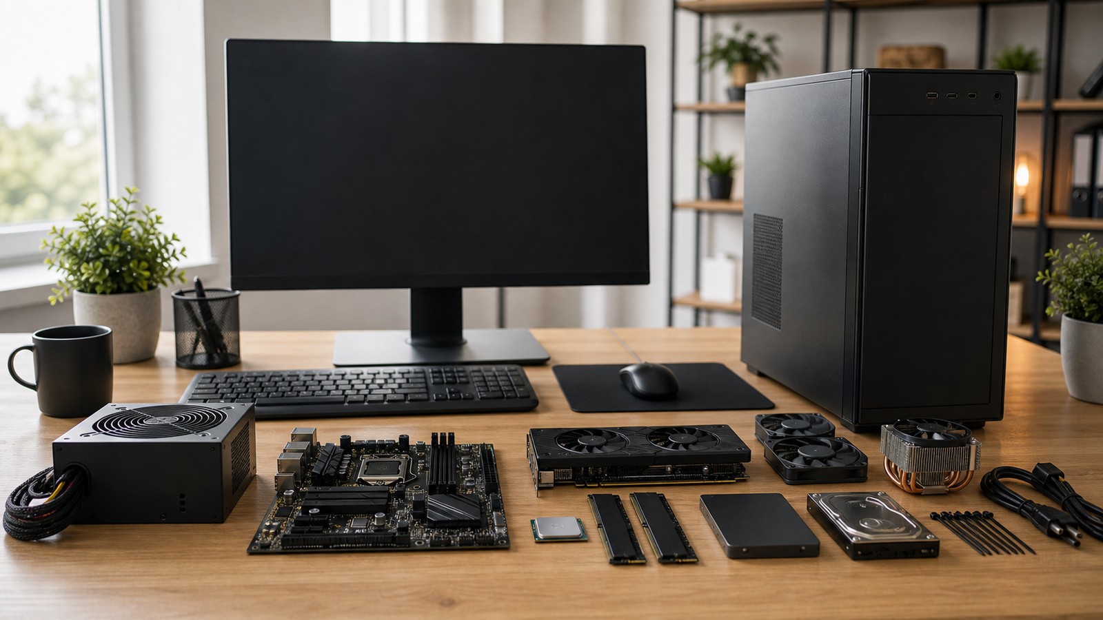 Clean desk with desktop tower, blank monitor, and unbranded components arranged for comparison.