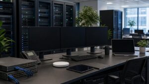 Enterprise IT operations workspace with server racks, blank monitors, and network hardware.