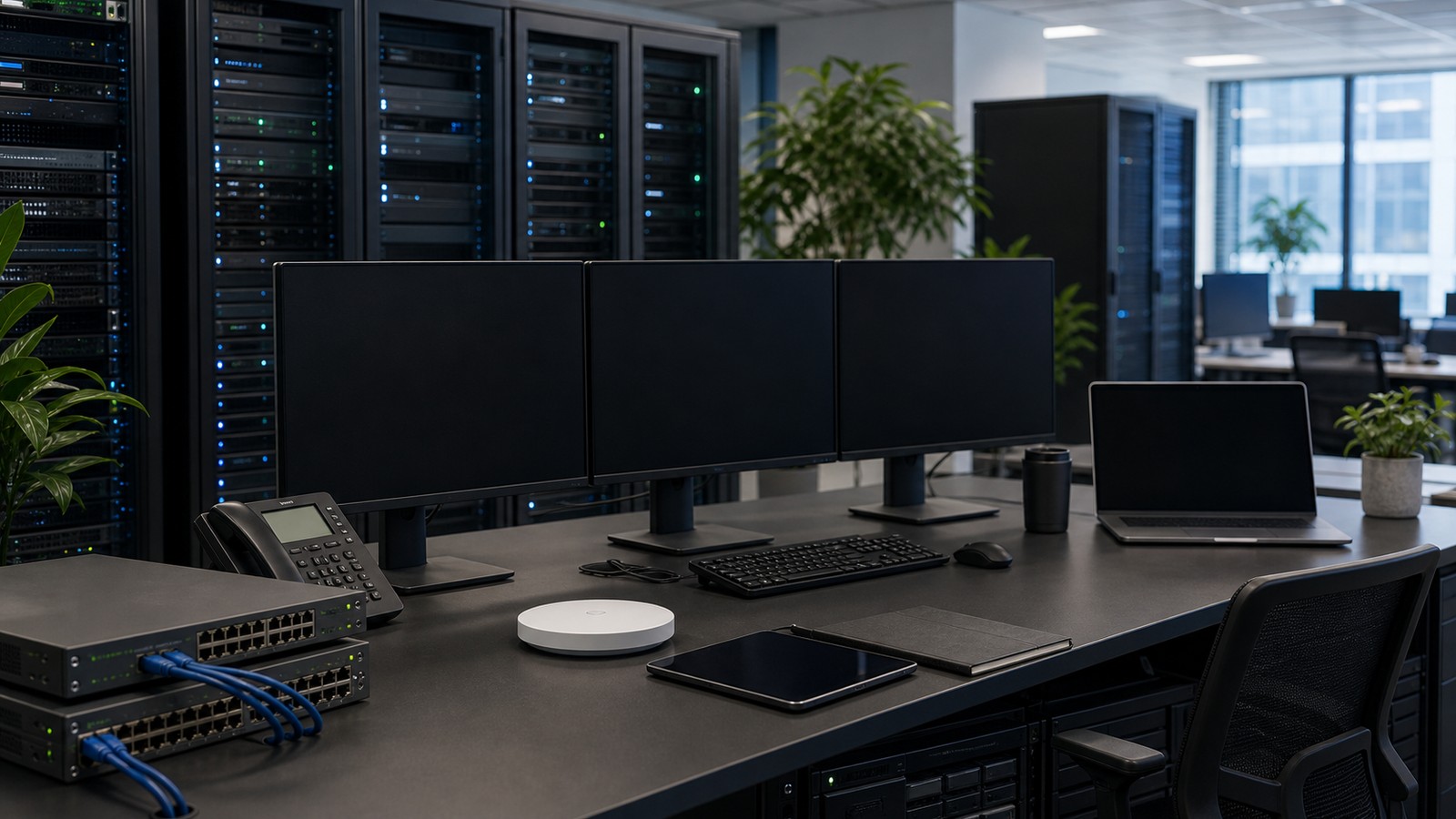 Enterprise IT operations workspace with server racks, blank monitors, and network hardware.