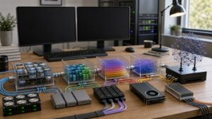 A technical desk setup with staged hardware objects representing an AI training pipeline.