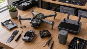 A generic quadcopter drone opened on a workbench with controller, propellers, battery, and tools.