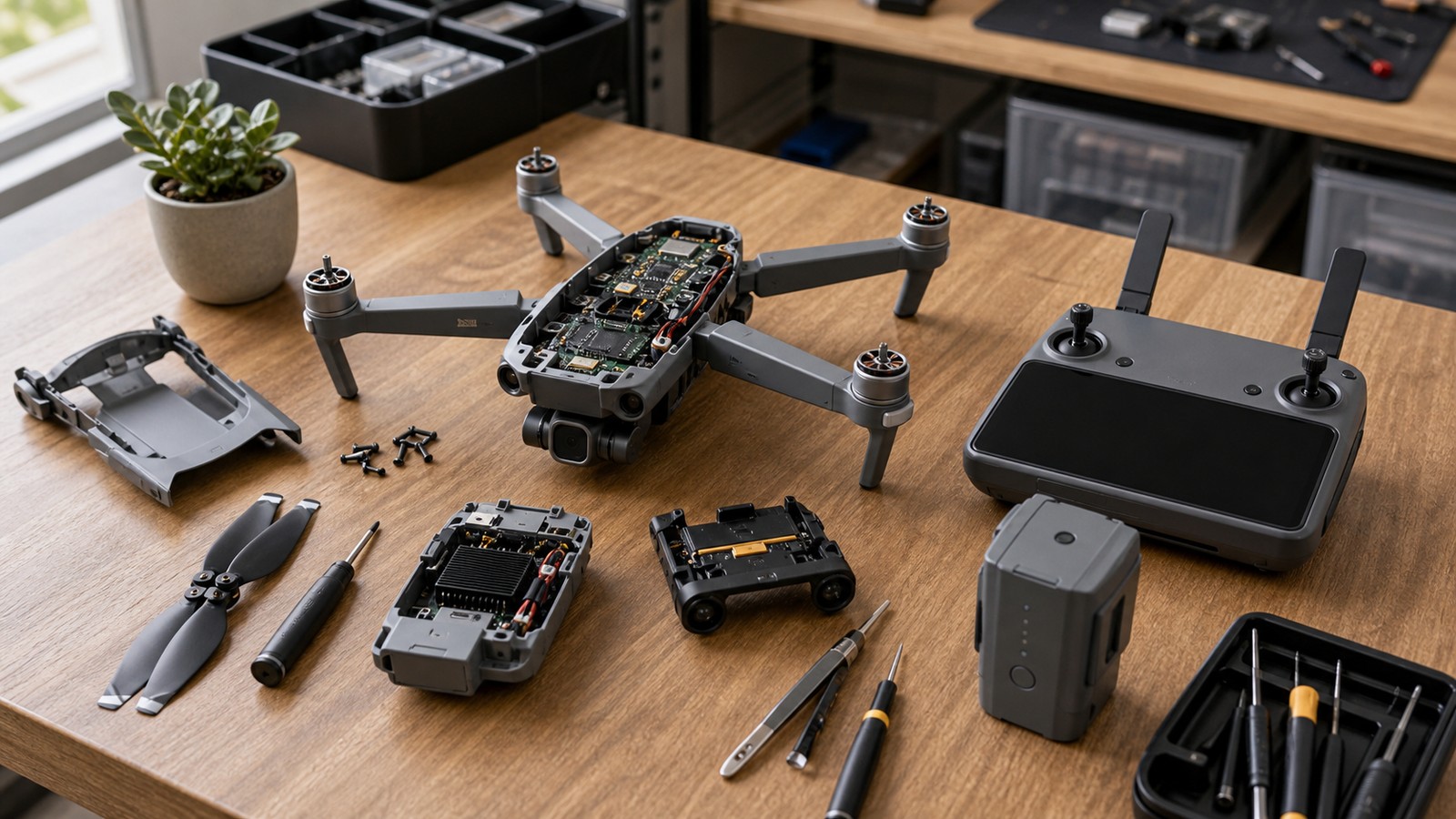 A generic quadcopter drone opened on a workbench with controller, propellers, battery, and tools.