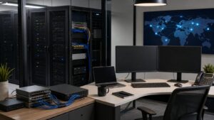 Enterprise workspace with server racks, blank monitors, and cloud operations equipment.
