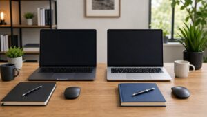 Two unbranded blank-screen laptops arranged side by side for an operating system comparison.