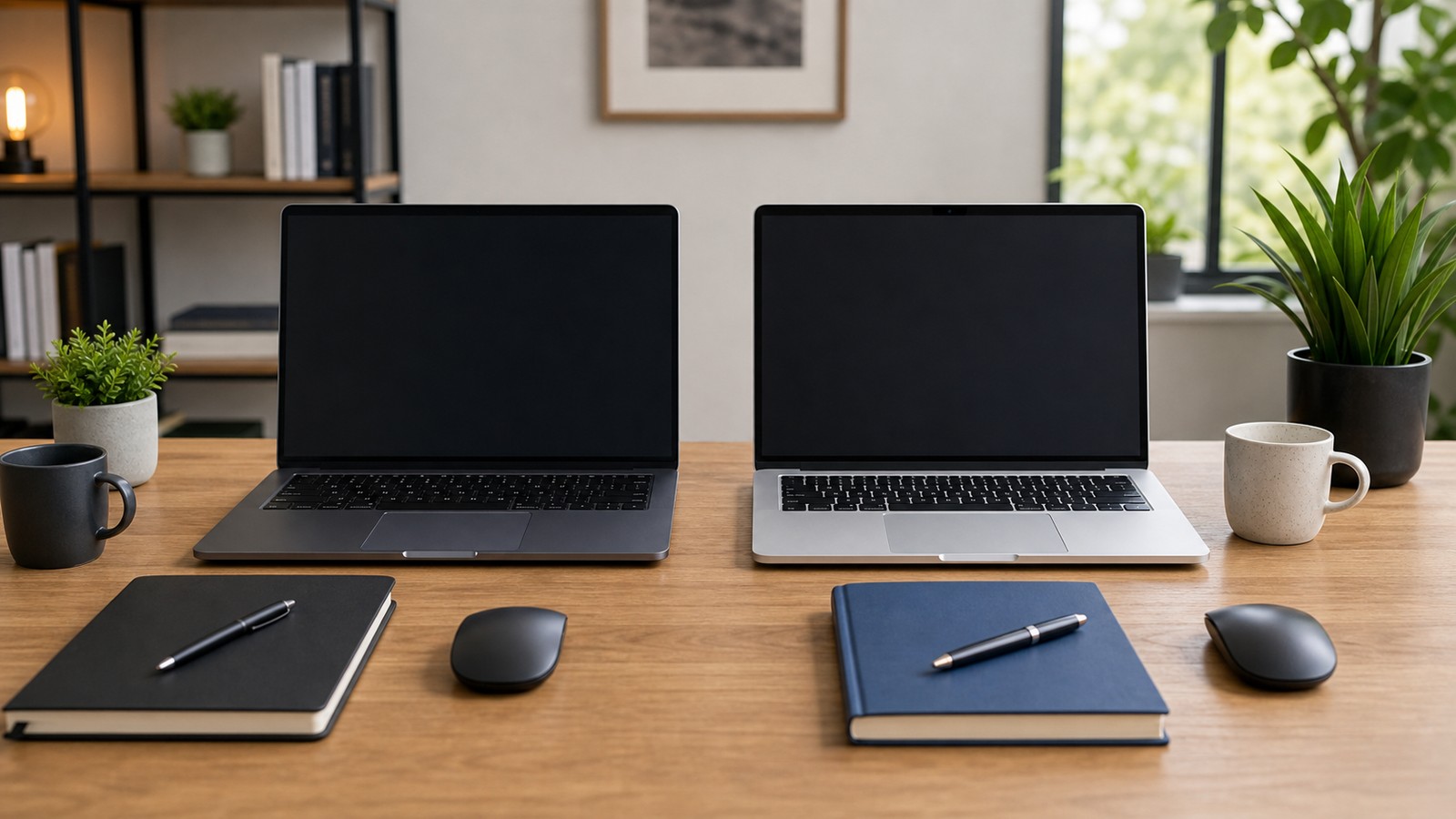 Two unbranded blank-screen laptops arranged side by side for an operating system comparison.