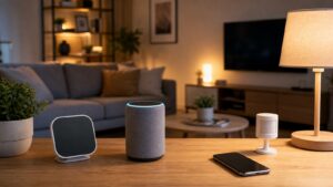 Smart home devices arranged in a warm living room with a speaker, lamp, sensor, and blank phone screen.