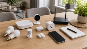 Smart home starter devices laid out on a bright dining table with a blank phone screen.