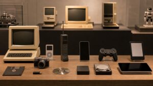 A museum-style display of generic historic technology devices across several eras.