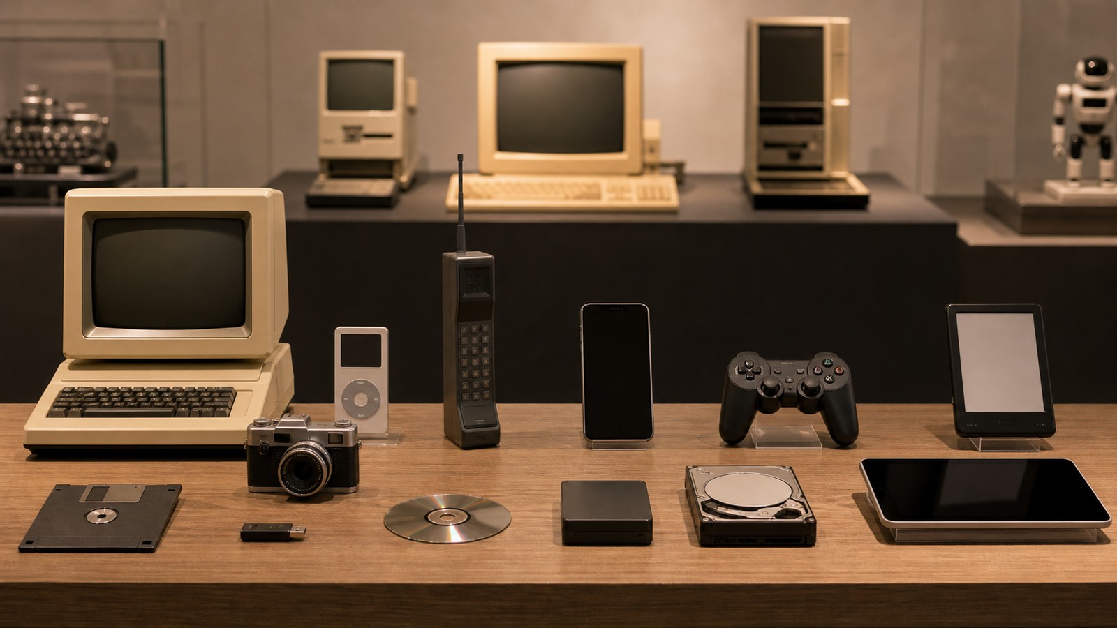 A museum-style display of generic historic technology devices across several eras.