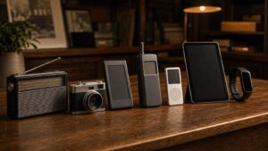 An archival tabletop arrangement of generic influential gadgets from different decades.