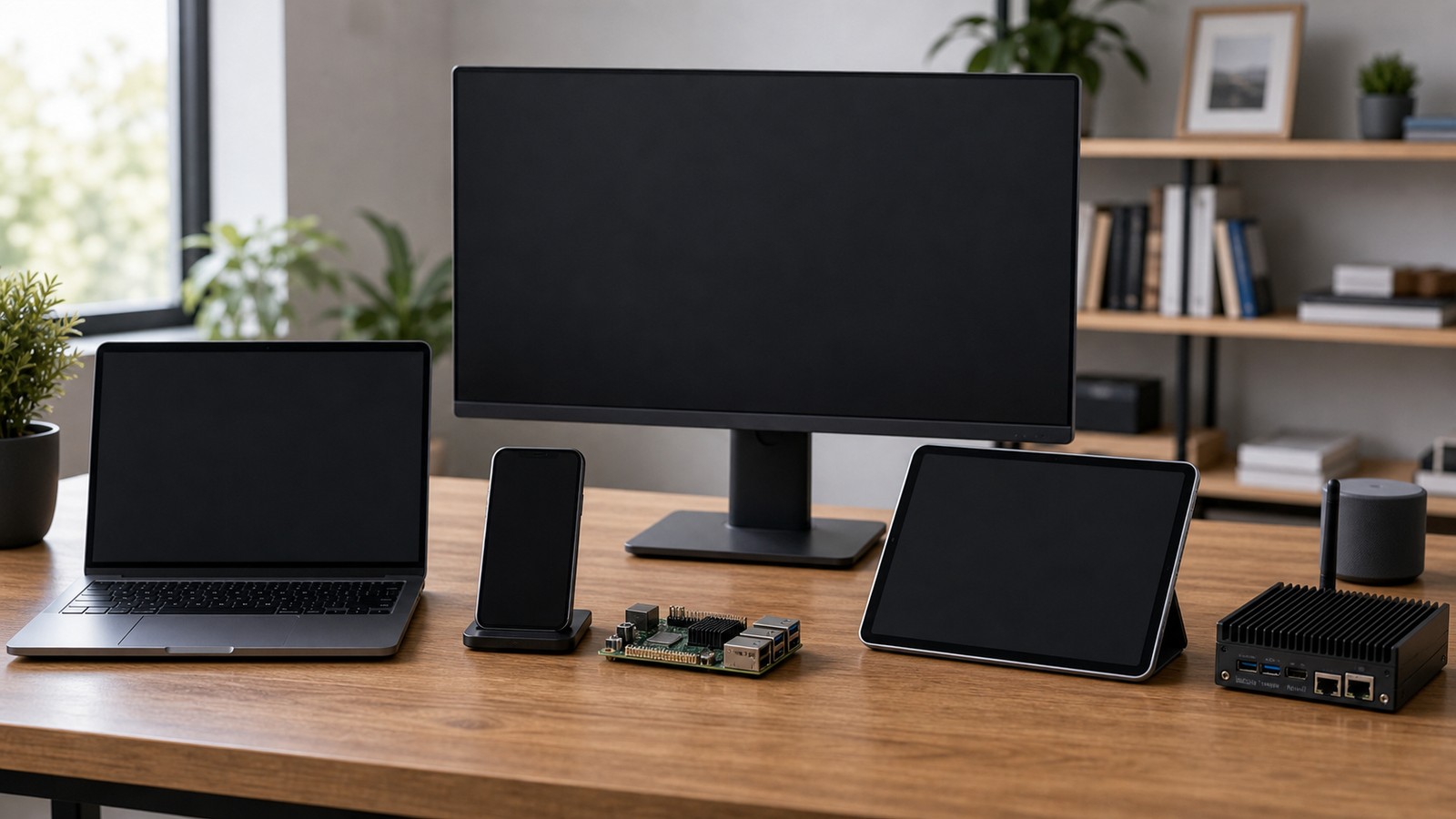 Blank-screen devices arranged to represent desktop, mobile, embedded, and network operating systems.