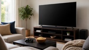 A bright living room with a blank large TV, soundbar, seating, game controller, and streaming-friendly media console.
