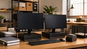 Small business office desk with two unbranded desktop computers, blank monitors, router, printer, keyboard, and organized files.