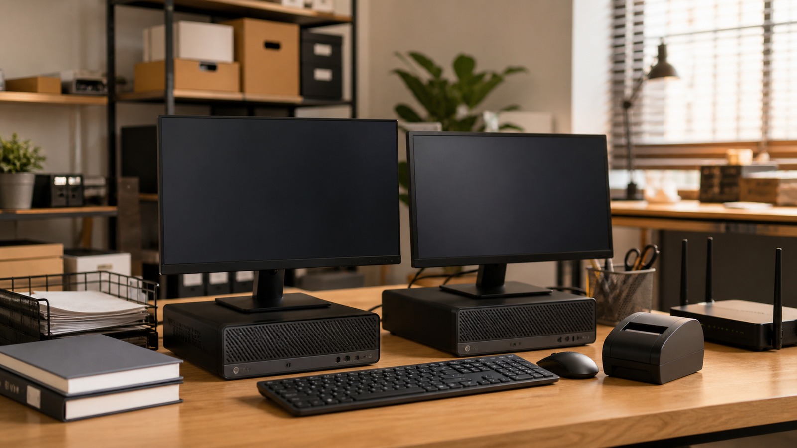 Small business office desk with two unbranded desktop computers, blank monitors, router, printer, keyboard, and organized files.