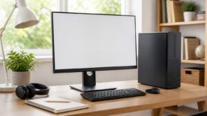 A student desktop setup with a blank monitor, compact tower, headphones, notebook, and desk lamp.
