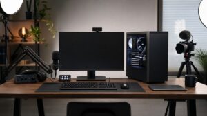 Unbranded creator desktop setup with blank monitor, desktop tower, microphone, camera, lights, keyboard, and audio gear.
