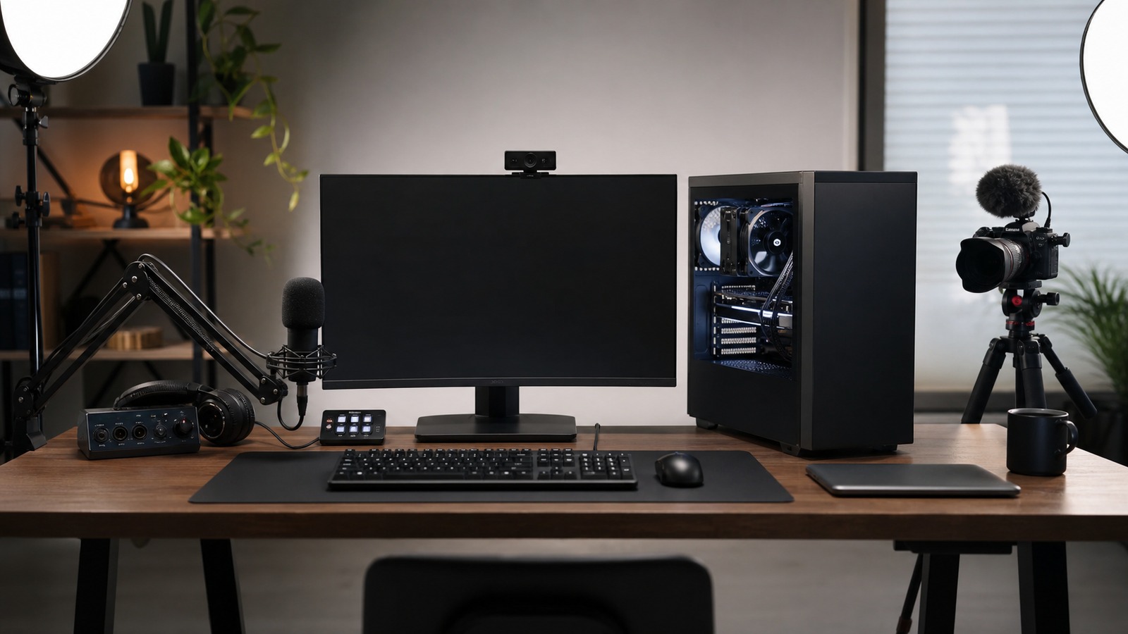 Unbranded creator desktop setup with blank monitor, desktop tower, microphone, camera, lights, keyboard, and audio gear.