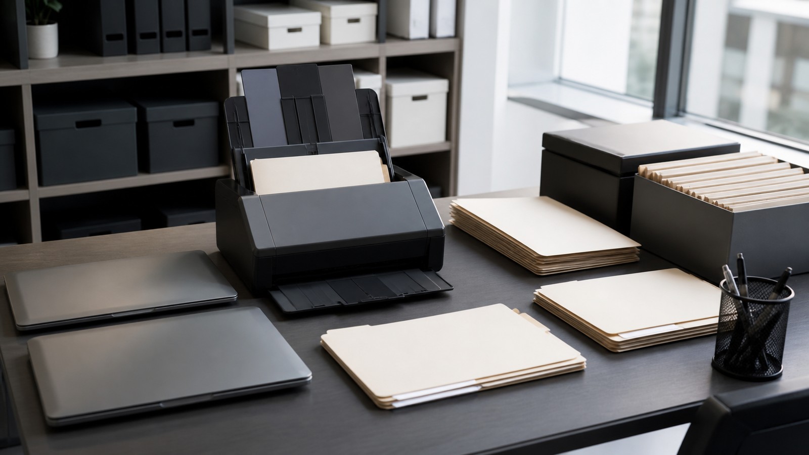Blank business folders, closed laptops, and scanner-like device arranged in a modern office records area.