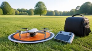 Beginner drone on a blank landing pad in an open grassy park with a controller and backpack nearby.