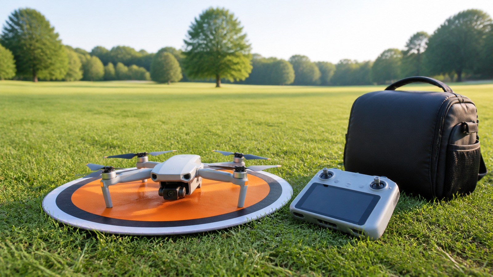 Beginner drone on a blank landing pad in an open grassy park with a controller and backpack nearby.
