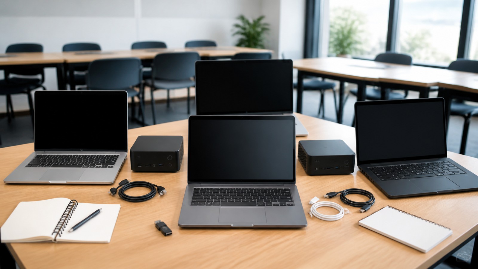 Several unbranded laptops and mini desktop computers with blank screens arranged on a community workspace table.