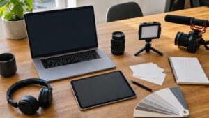 Unbranded creative toolbench with blank laptop, tablet, headphones, video light, camera, notebook, and blank cards.