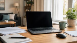 A comfortable home desk with blank laptop, mouse, plant, mug, and household workspace items.