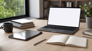 A calm desk with blank laptop, tablet, notebook, stylus, and study materials for digital note-taking.