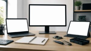 A developer desk with blank-screen devices, notebook, and unmarked hardware board representing operating system choices.