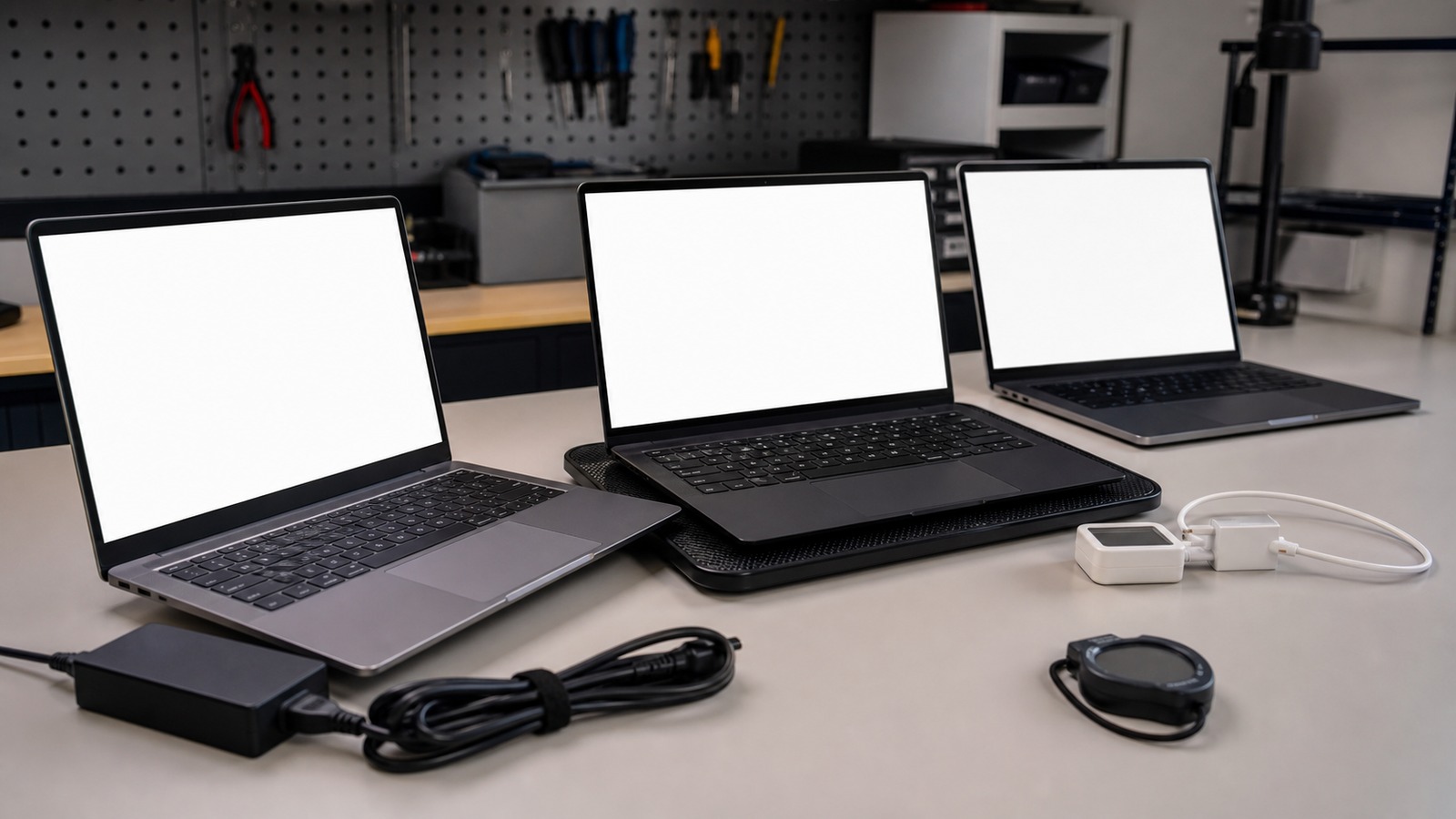 Three unbranded laptops with blank screens on a clean testing bench with chargers and measurement tools without readable markings.