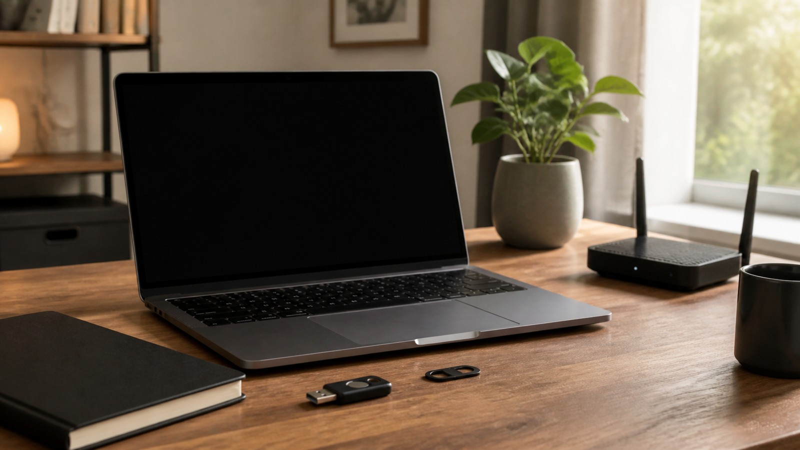 Unbranded laptop with blank screen beside security key, router, and privacy accessories on a home office desk.