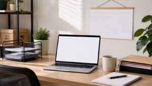 A small-business desk with a blank laptop, folders, paper tray, calendar shape, and coffee cup.