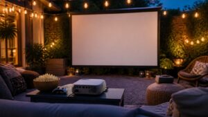 Backyard patio projector setup with blank screen, game controller, snacks, seating, and string lights at dusk.