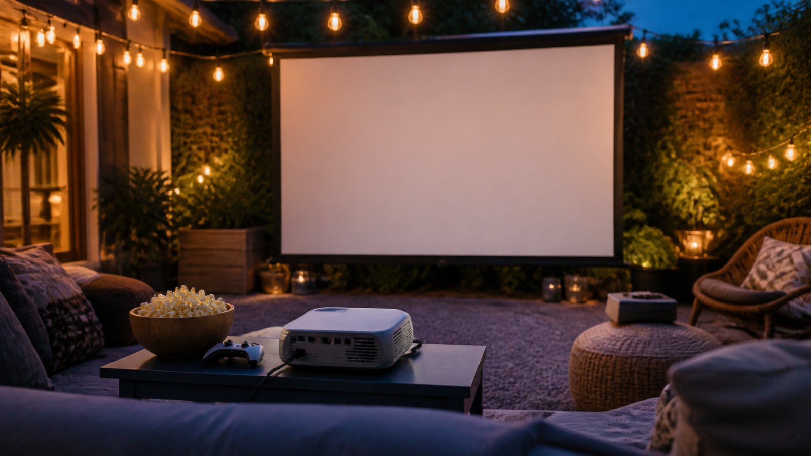 Backyard patio projector setup with blank screen, game controller, snacks, seating, and string lights at dusk.