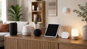 A living room console with unmarked smart speakers, blank tablet, smart light, and neutral smart home devices.