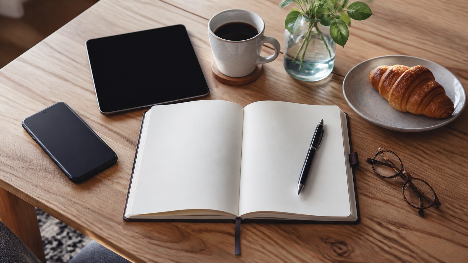 Blank personal planner with pen, phone, tablet, and coffee on a morning table.