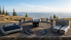 A compact drone, blank controller, spare propellers, and unmarked battery packs on an outdoor testing table.