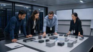 Enterprise operations room with blank displays, unmarked architecture blocks, cables, and data-center racks.