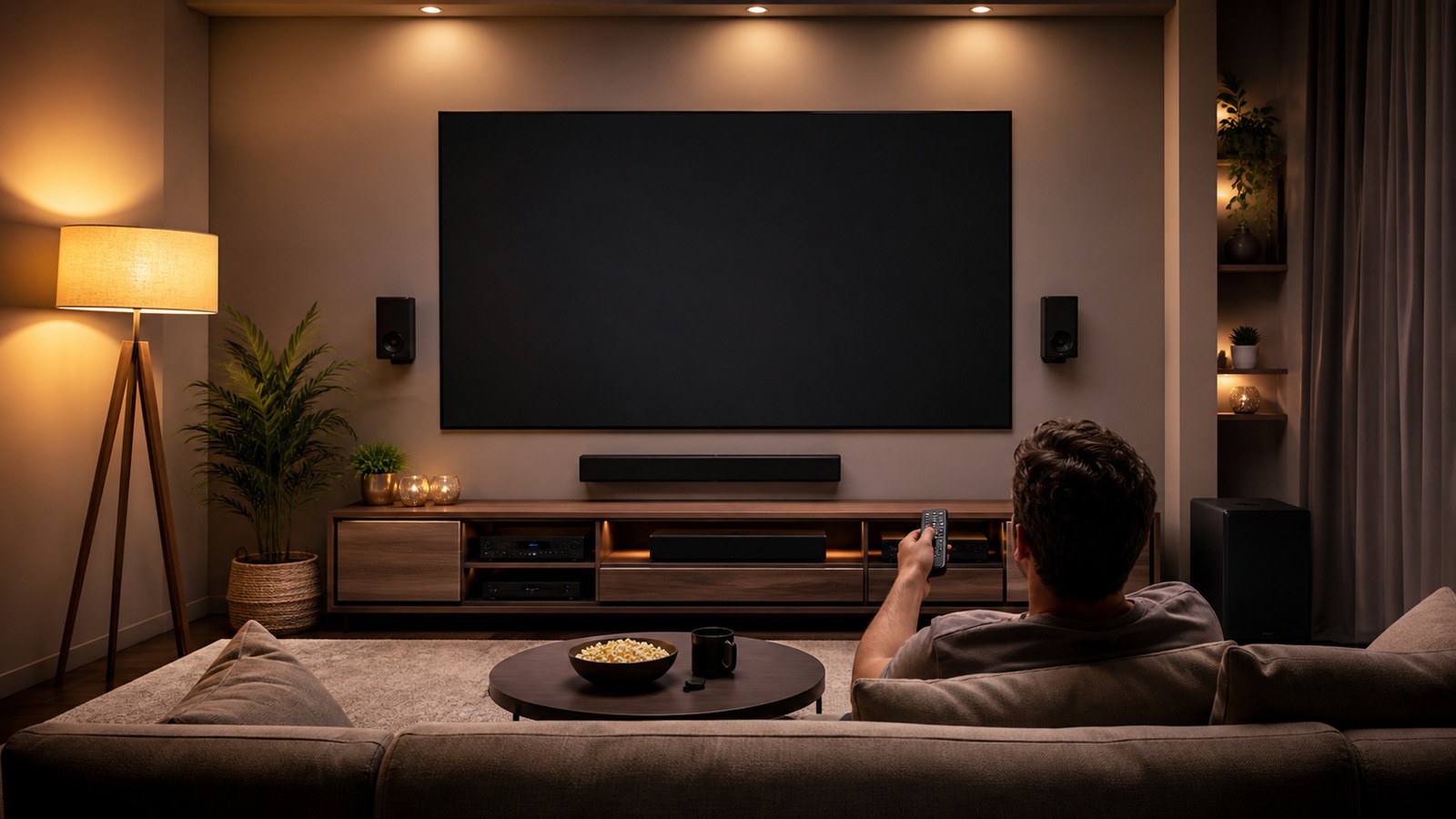 Modern home theater room with blank TV, soundbar, sofa seating, warm side lighting, and streaming remote.
