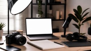 Unbranded creative studio desk with blank laptop, camera, microphone, headphones, sketchpad, and softbox light.