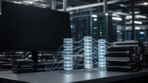 A data lab desk with blank monitors, unmarked drives, and translucent connected nodes representing neural network training.